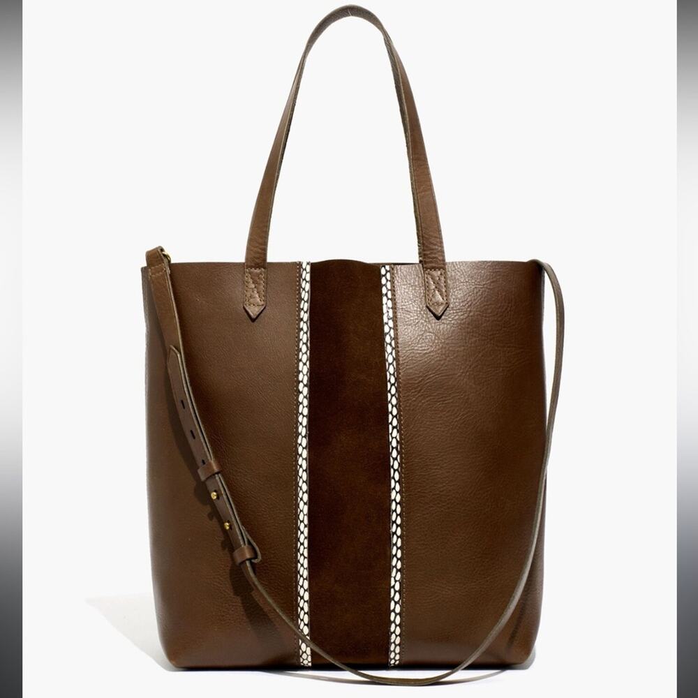 Madewell Brown Leather Tote with Dark Brown Center Stripe and White Trim